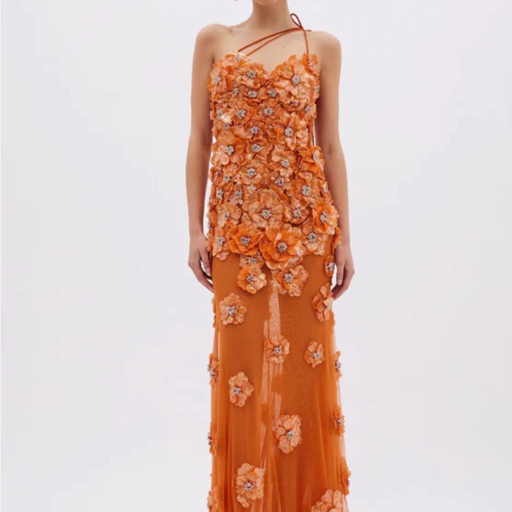 Rachel Gilbert Bowie Floral Appliqué Gown orange